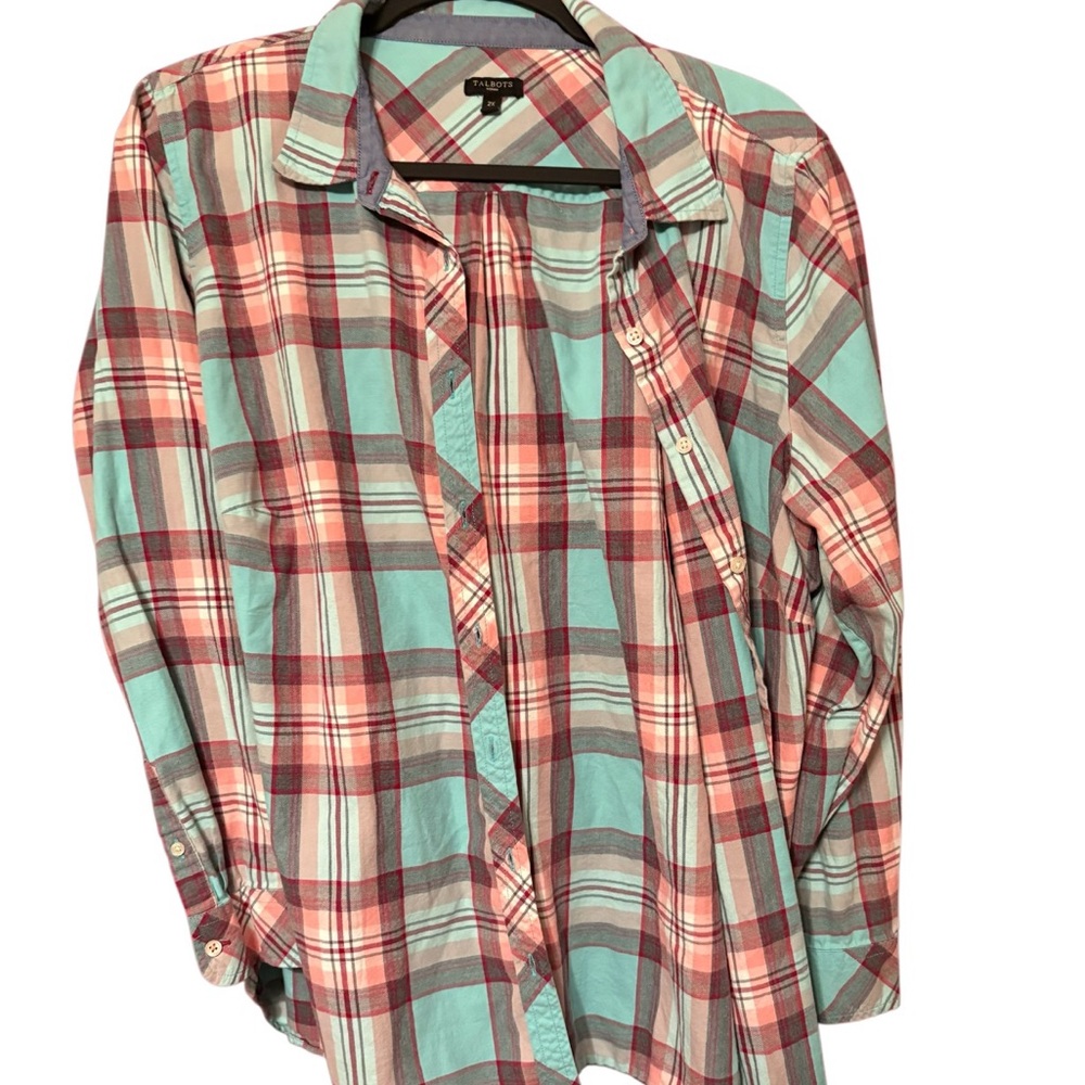 Talbots Vibrant Plaid Shirt with pink and turquoise blue 2x pretty shirt